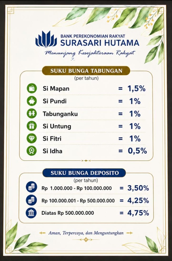 Suku Bunga Tabungan & Deposito BPR Surasari Hutama